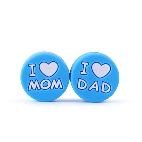 Силиконовая бусинка, бусина для прорезывателя зубов - I love mom / dad Голубая — изображение 1